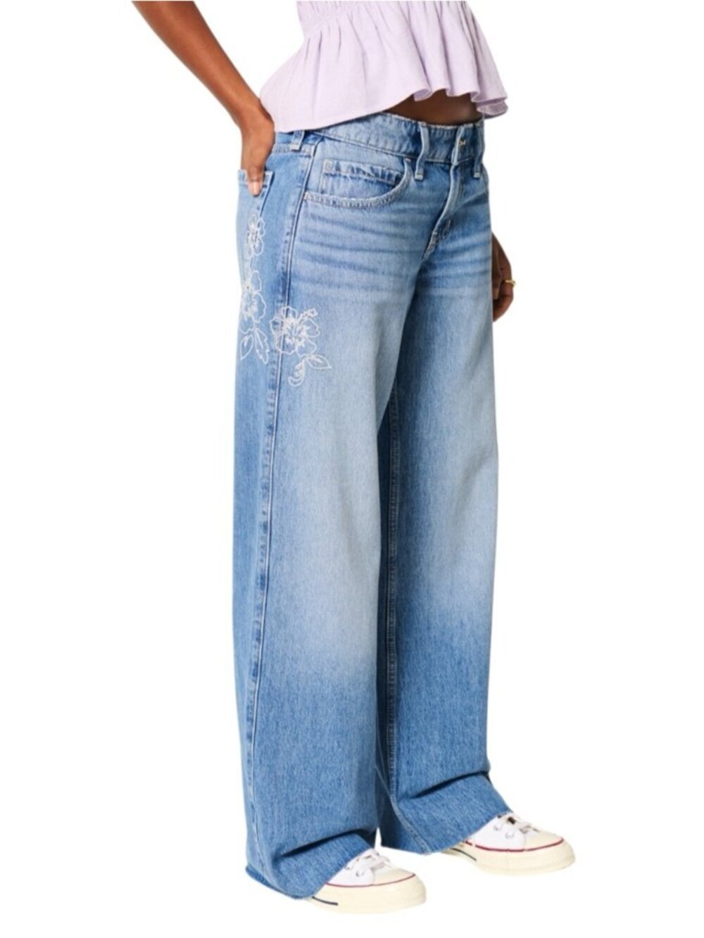 Hollister Low Rise Baggy Jeans Embroidered Hibiscus Y2K Women’s 33 / 16